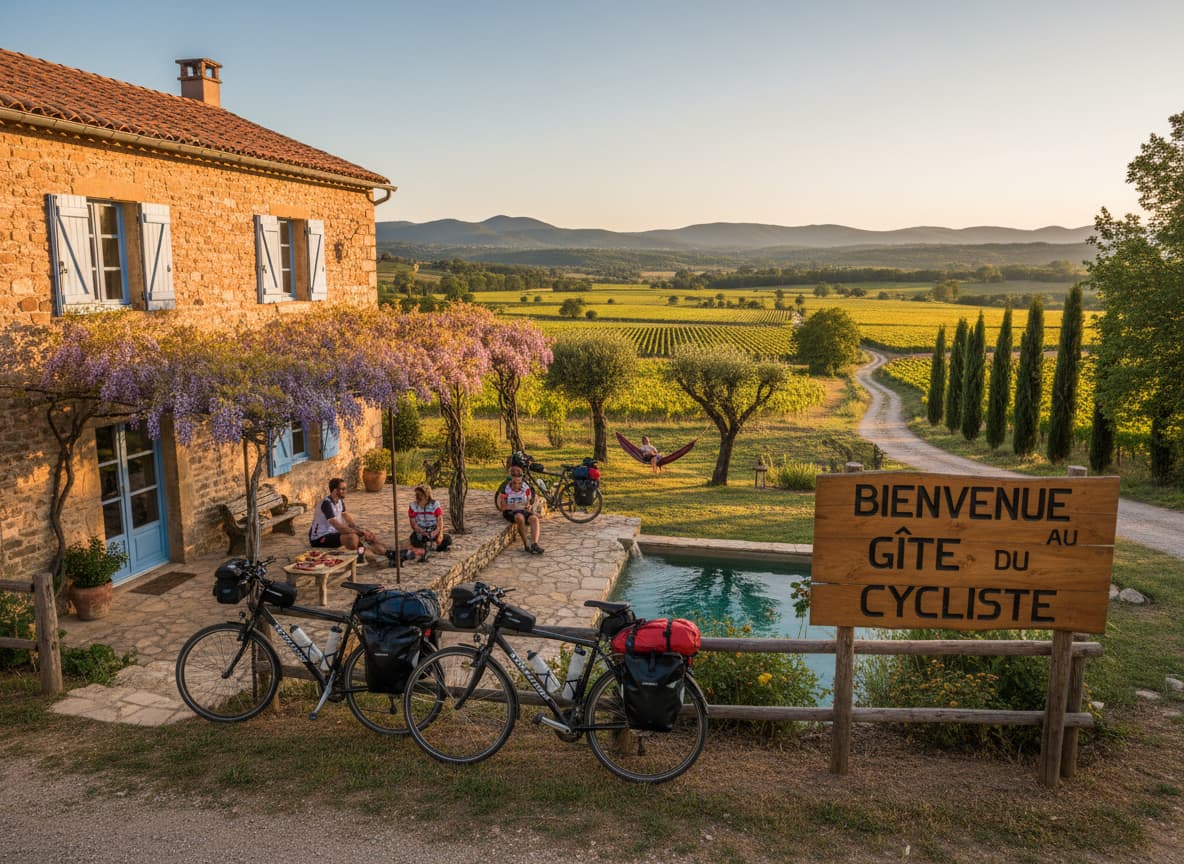 Maison en pierre au coucher du soleil avec trois cyclistes assis près d'une piscine, deux vélos chargés garés devant et un panneau indiquant « Bienvenue au Gîte du Cycliste » dans un paysage de vigne.