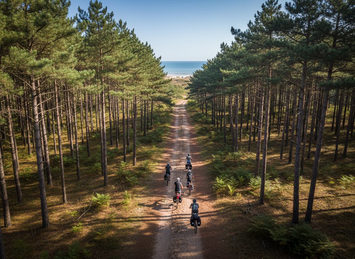Groupe de cinq cyclistes roulant sur un chemin forestier entre des pins, avec la mer visible à l'horizon.
Vélo surfcamp avec l'agence The Family Bike.