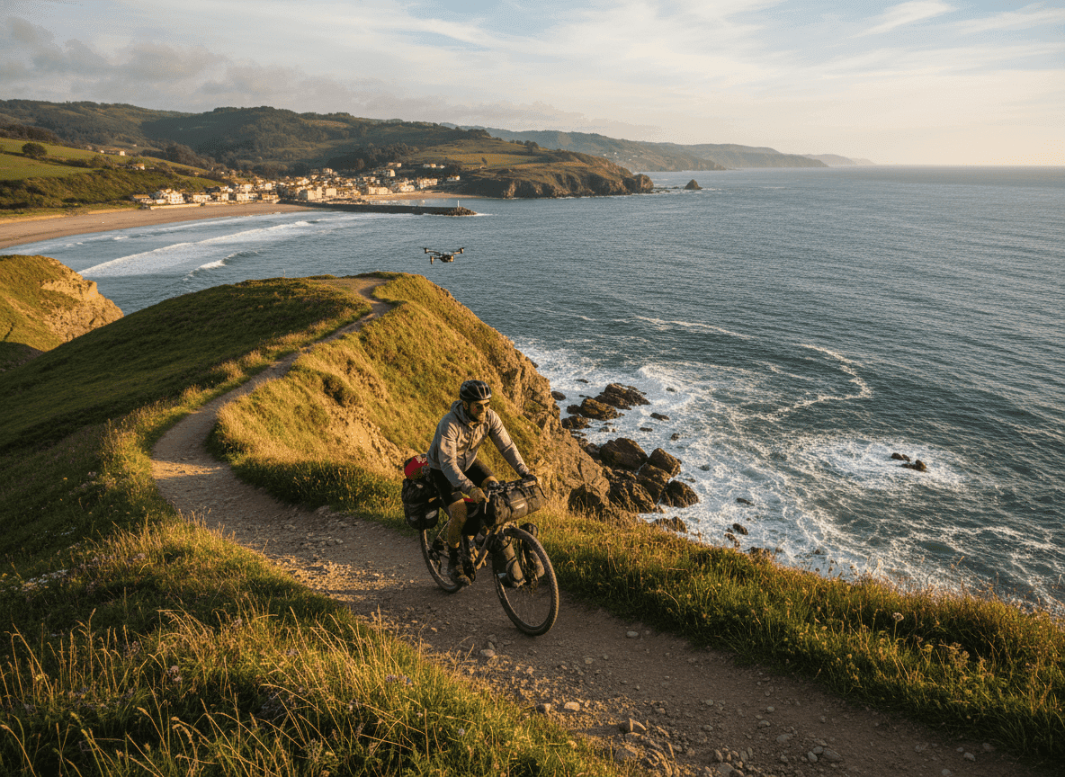 Image d'un bikepackeur sur son vélo sur la cote basque