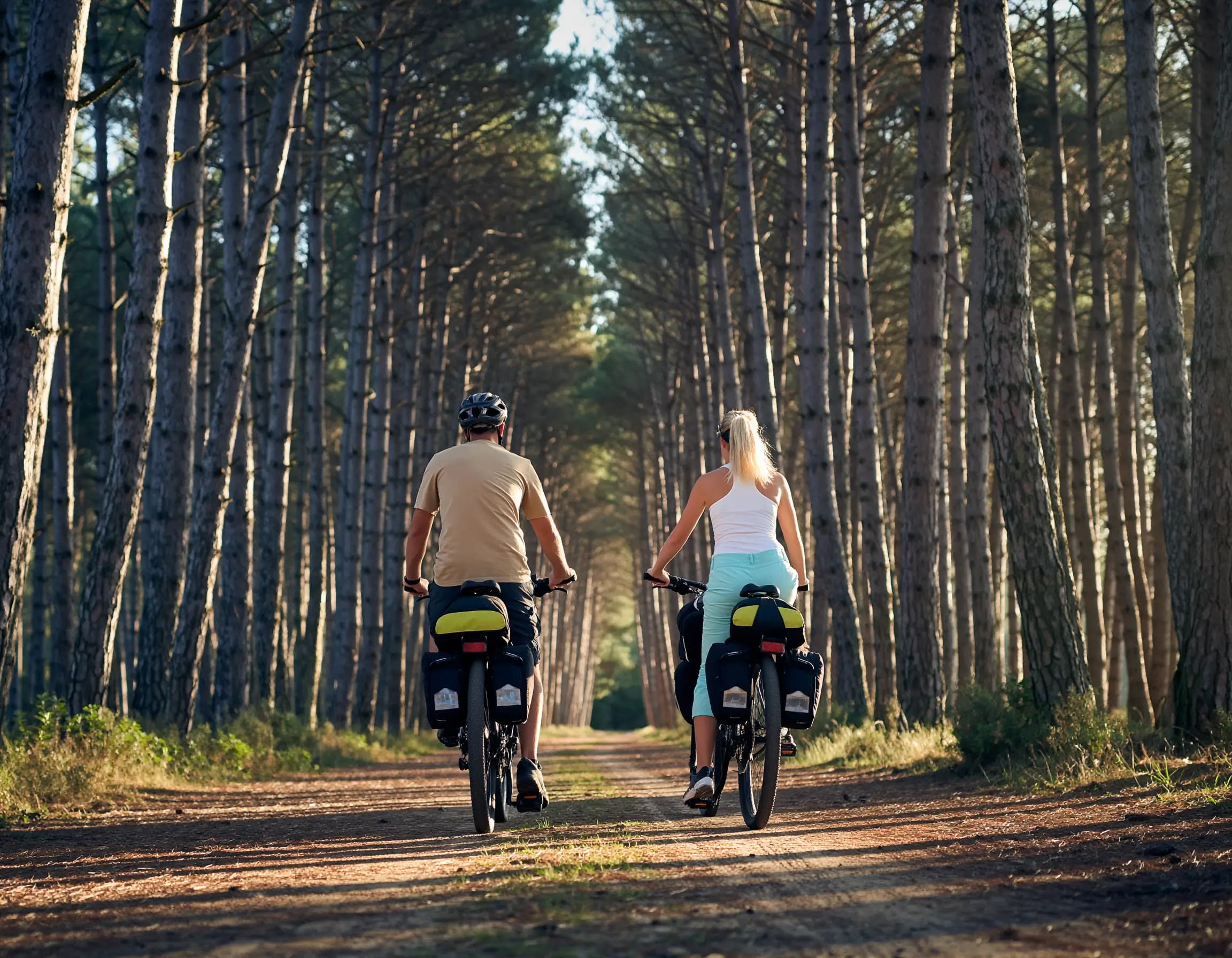 Un couple voyage à vélo sur un chemin forestier dans les Landes bordé de grands pins sous une lumière douce de fin d'après-midi.
Location de vélo de voyage avec l'agence The Family Bike.